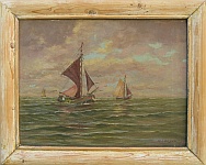 H. Larsen: Tre fiskerbåde i høj sø