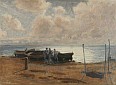 Hugo Larsen: Kystparti med fiskere ved deres både, 1923