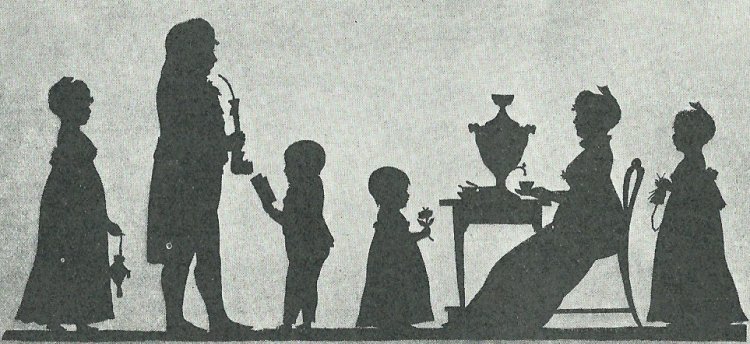 Silhuet af Boas Larsen Schmidt med hustru og 3 børn