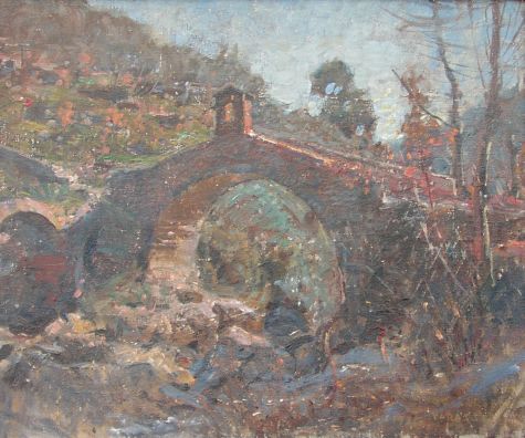 Hugo Larsen: Southern Landscape with Medieval Bridge, Varazze 1921